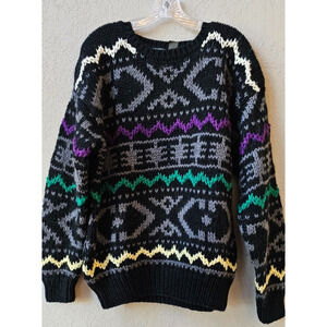 VTG INC Hand Knit Chunky Wool Blend Grandpa‎ Sweater Large Geometric Fair Isle